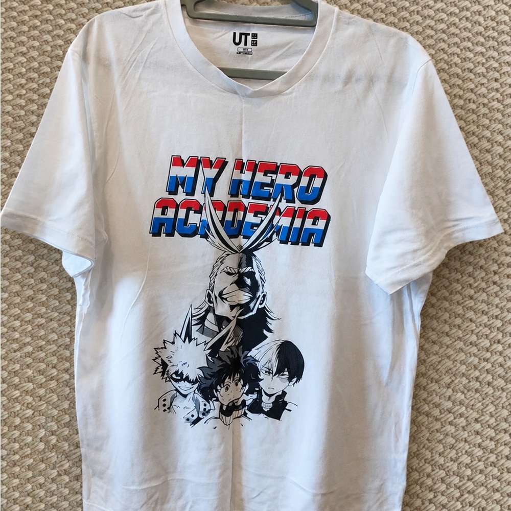 Uniqlo White My Hero Academia Graphic Tee with Red & Blue Logo